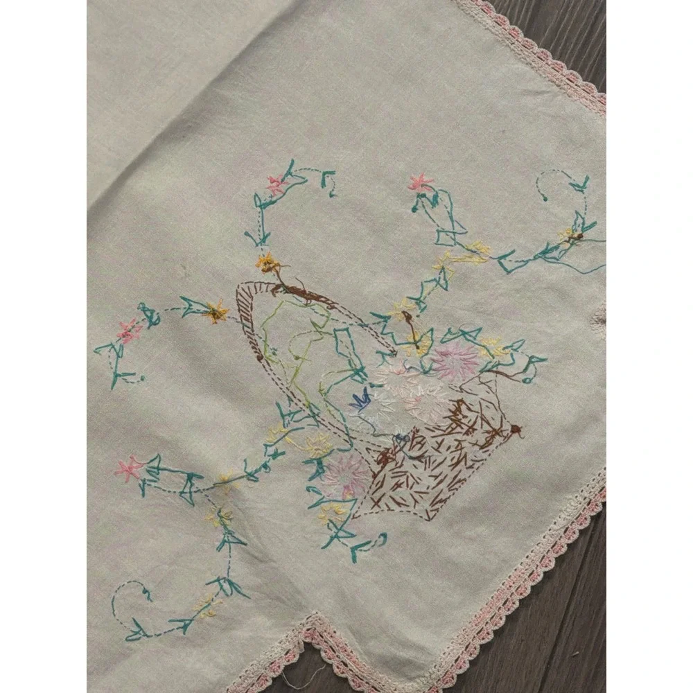 Vtg Hand-Embroidered Linen Table Runner Floral Basket Crochet Lace Mid-Century